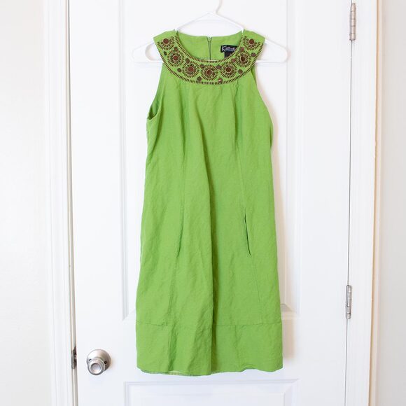 Boho VTG Bead Dress Linen Blend Embroidered Green Mini Sleeveless Bright Spring - Picture 9 of 9